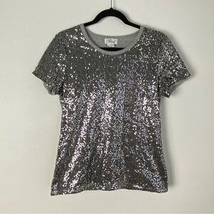 Vtg‎ Y2K Silver Sequined Base Layer T-Shirt Sz S Glam Streetwear Swiftie Western